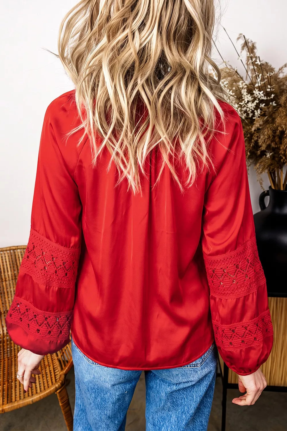 Christmas Patchwork Lace Long Sleeve V Neck Button Front Shirt