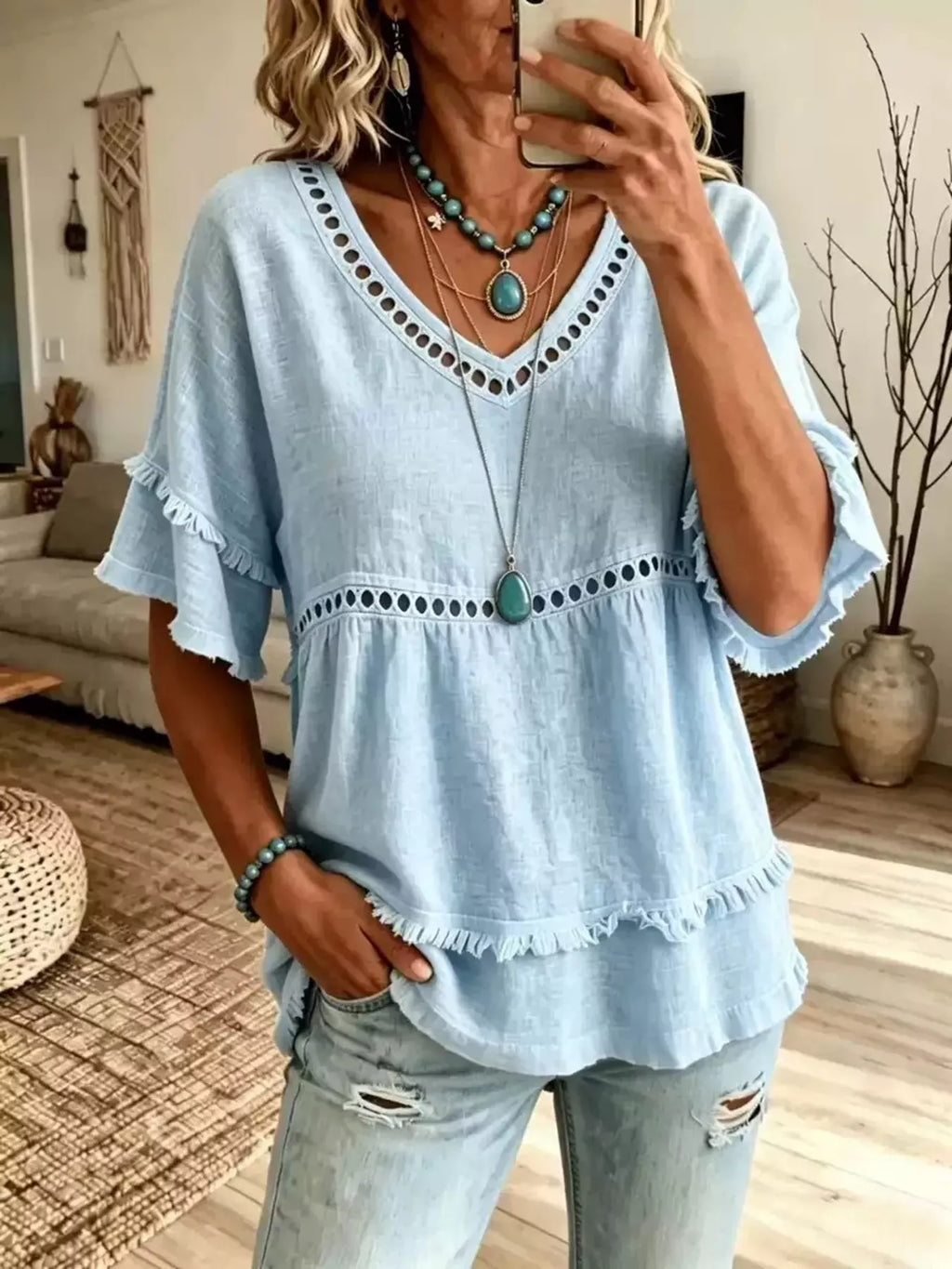 Eyelet V-Neck Frayed Edge T-Shirt