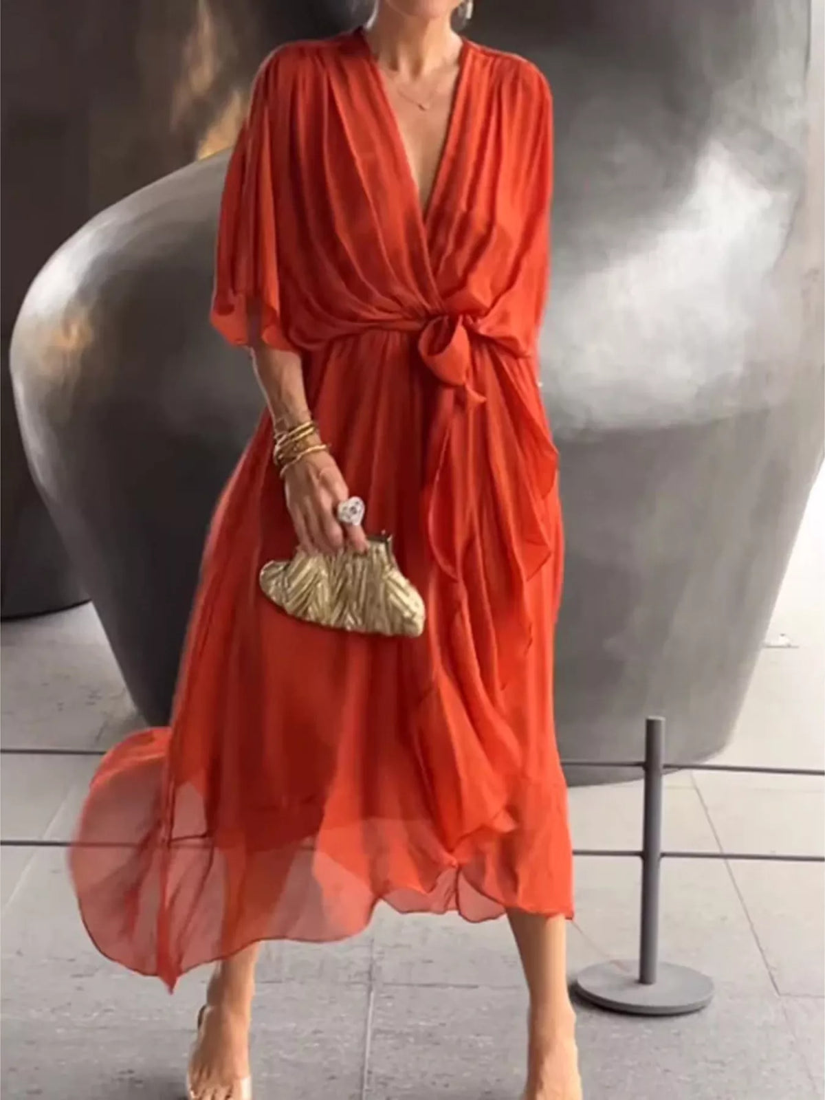 Full Size Chiffon Wrap Dress with Flutter Sleeves Plus Size