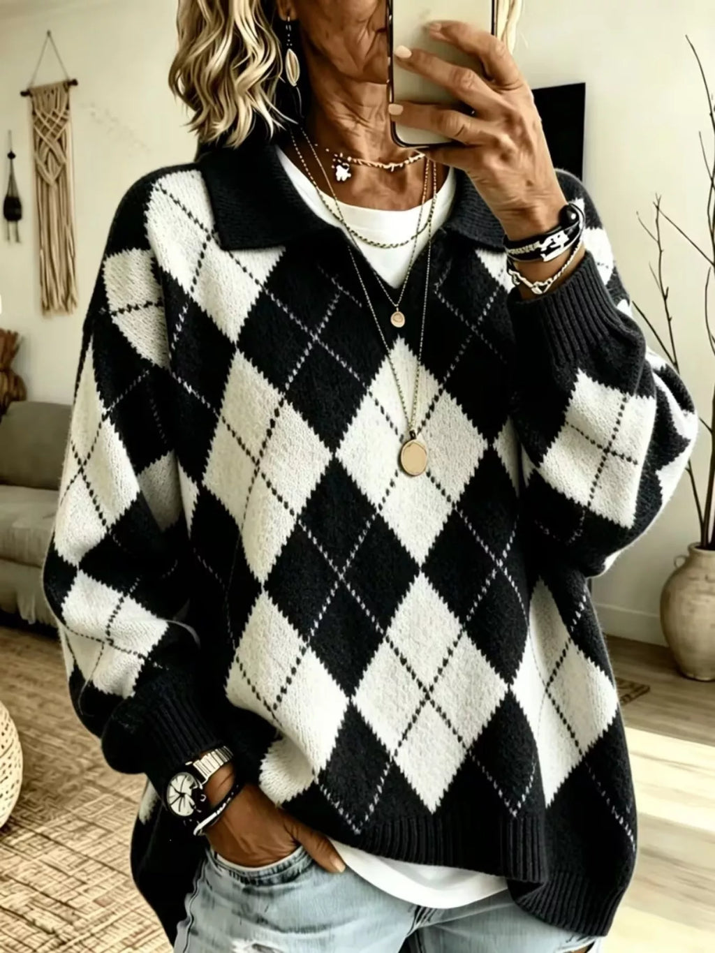Argyle Pattern Polo Collar Sweater