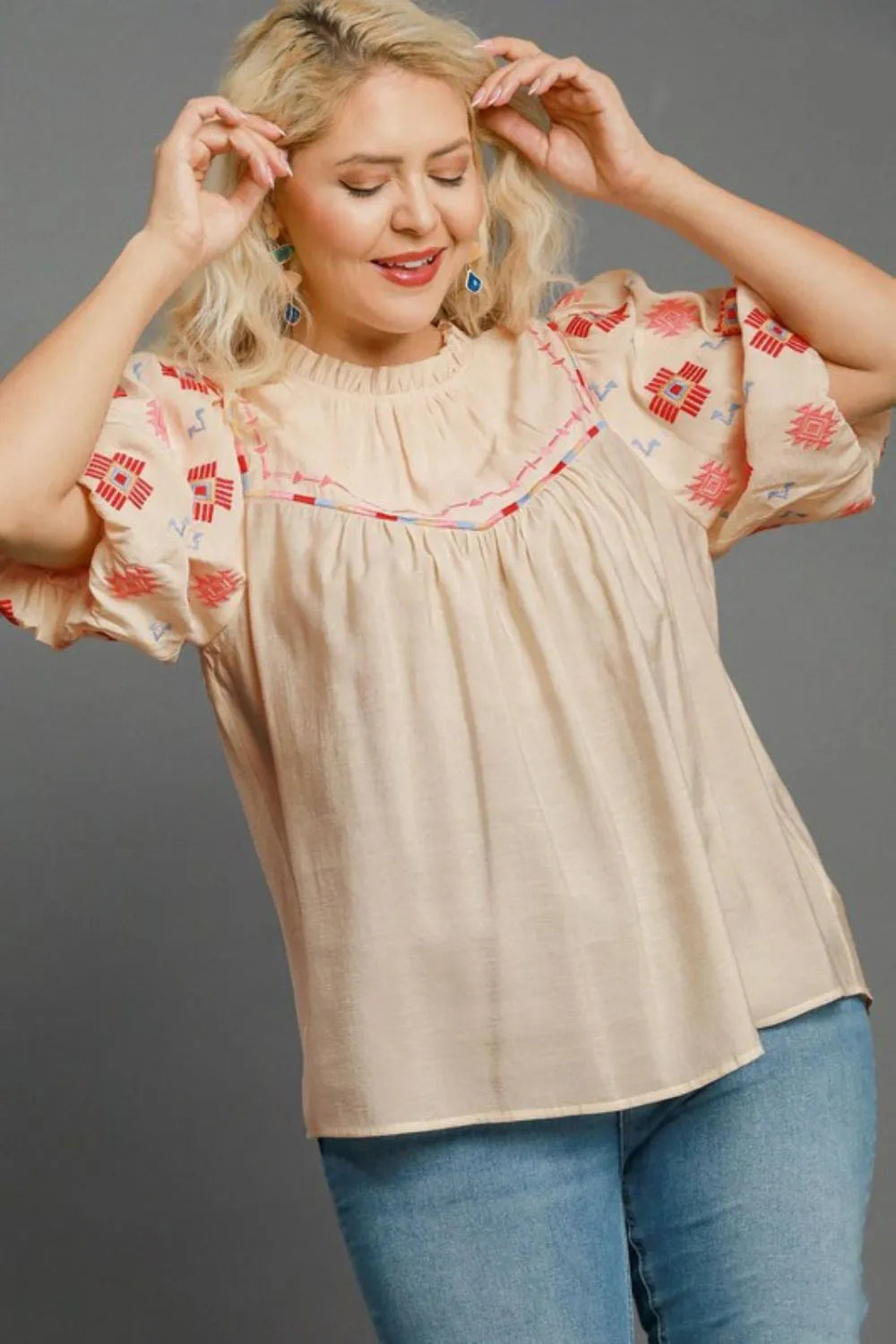Umgee Full Size Embroidered Puff Sleeve Mock Neck Top Plus Size