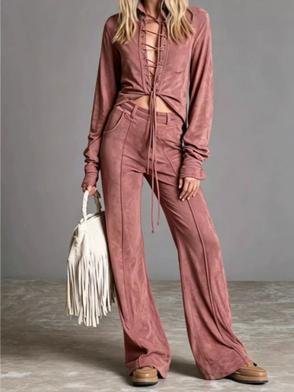 Full Size Lace-Up Long Sleeve Top and Wide-Leg Pants Set Plus Size