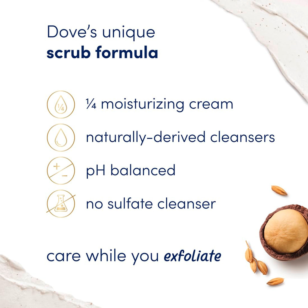 Dove Scrub Macadamia Rice Milk Body Scrub Exfoliates and Deeply Nourishes for Smooth, Radiant Skin 15 oz