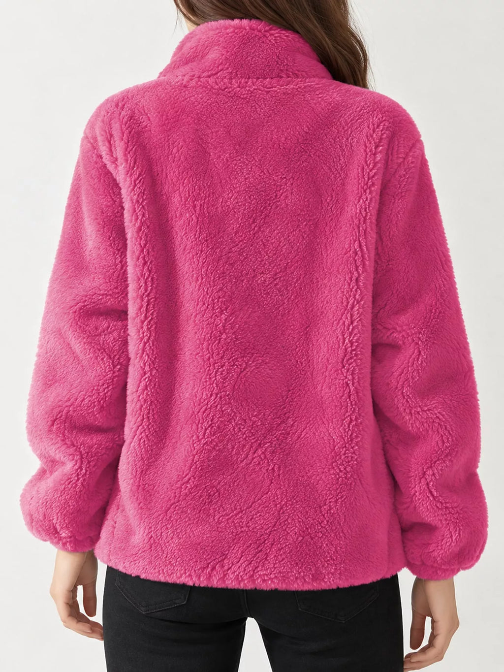 Full Size Drawstring Faux Fur Stand-Collar Zip-Up Outerwear Plus Size