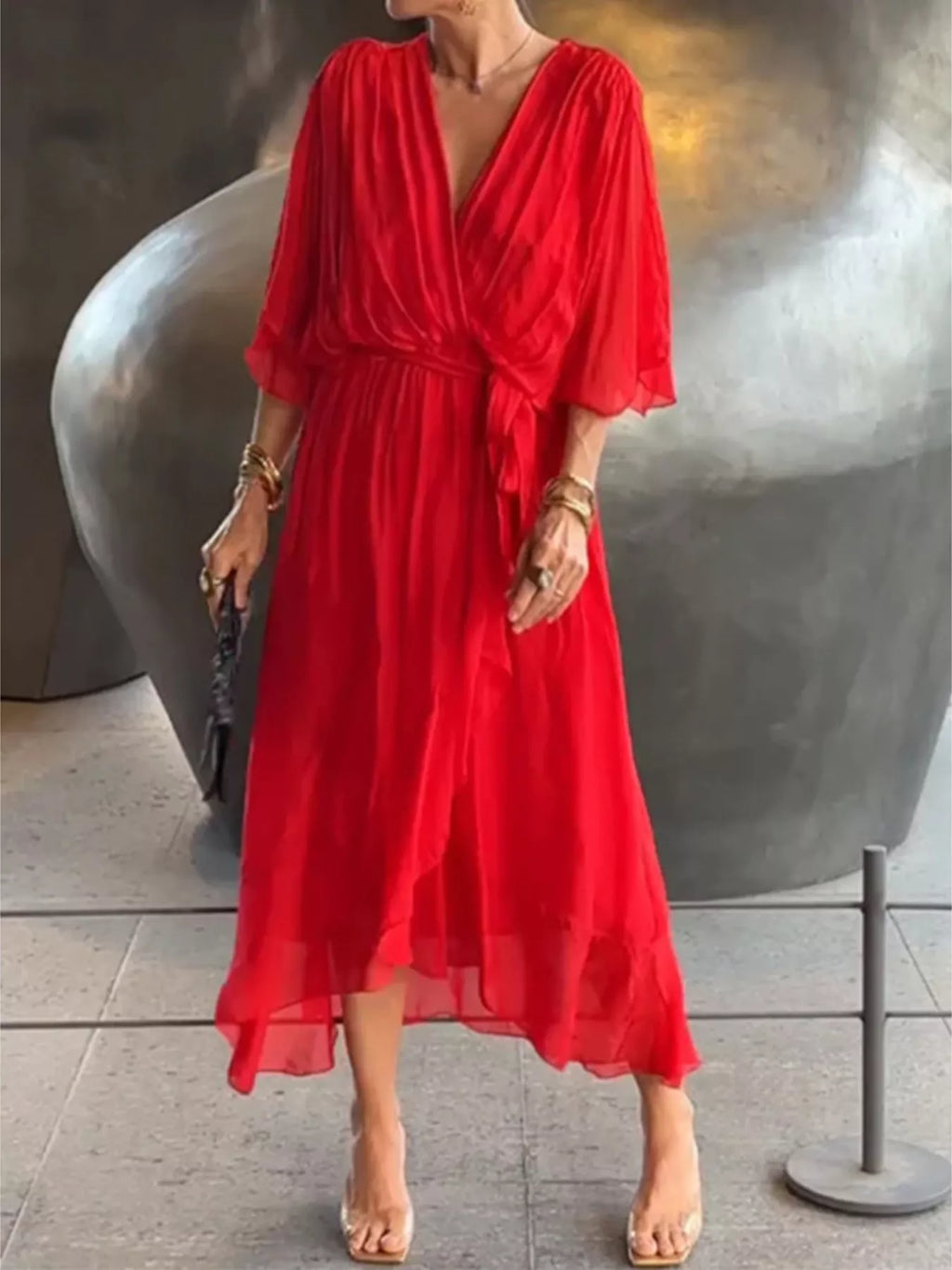 Full Size Chiffon Wrap Dress with Flutter Sleeves Plus Size