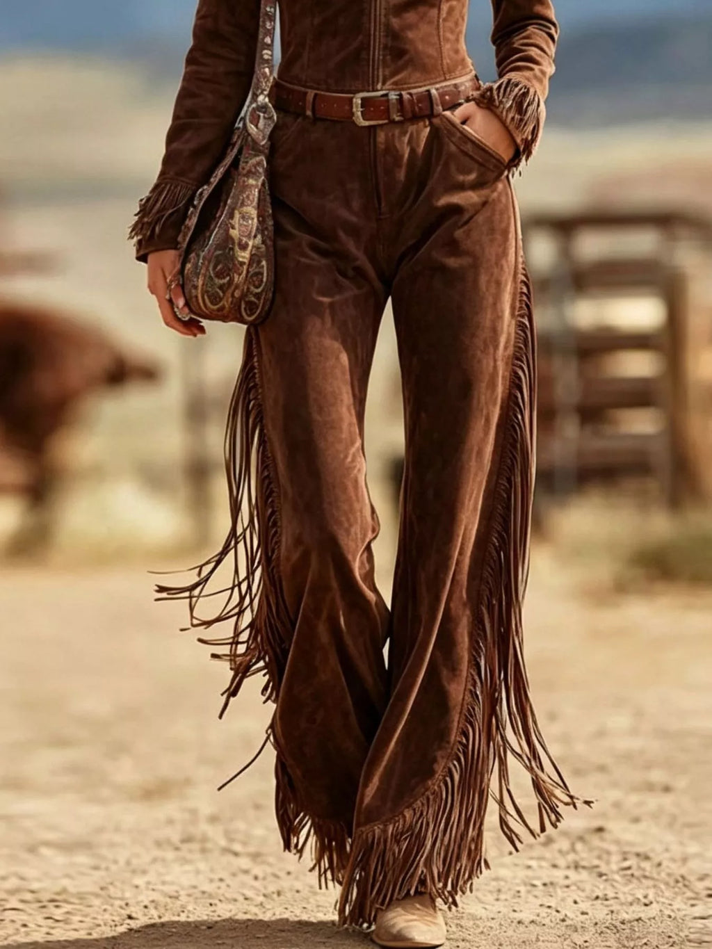 Western-Inspired Suede Fringe Jumpsuit with Zipper Front