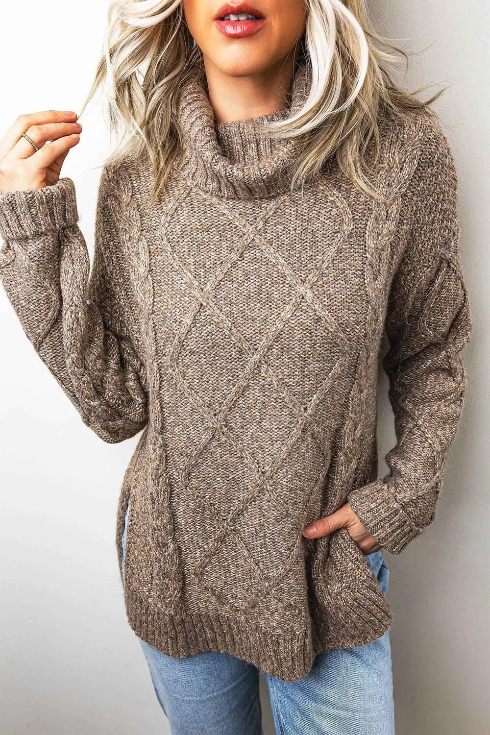 High Neck Drop Shoulder Cable Knit Regular Length Sweater