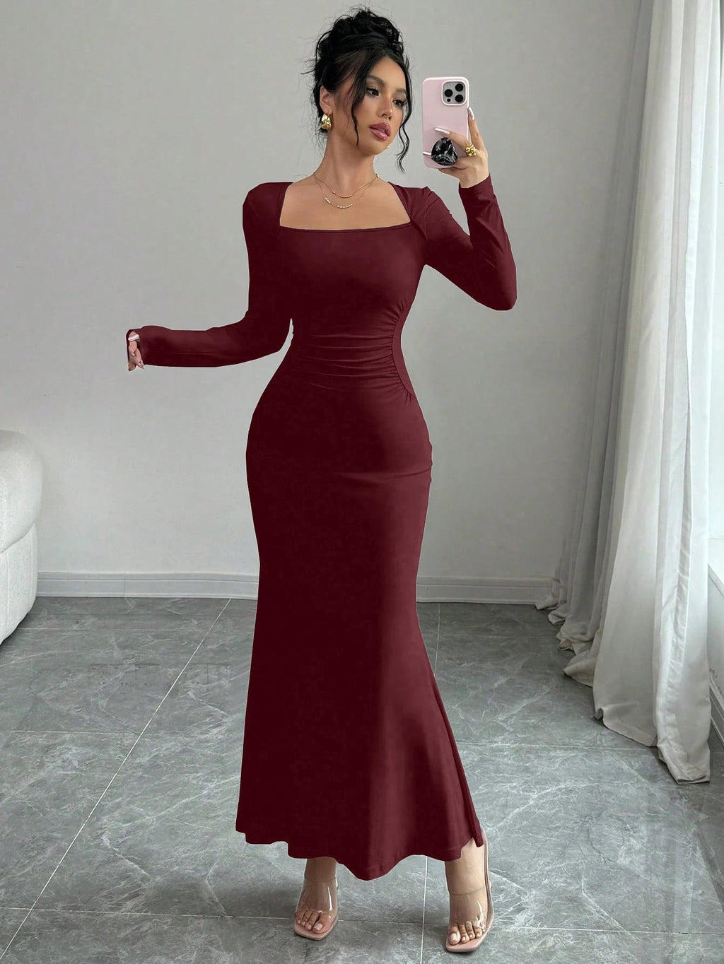 European And American Ladies Fashion Elegant Tight Elastic Sexy Long-Sleeved Fishtail Dress Long Dress