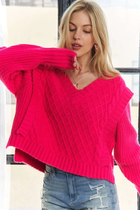 Ultra-Soft Cropped Cable Knit Sweater with Ruffle Detail and V-Neck