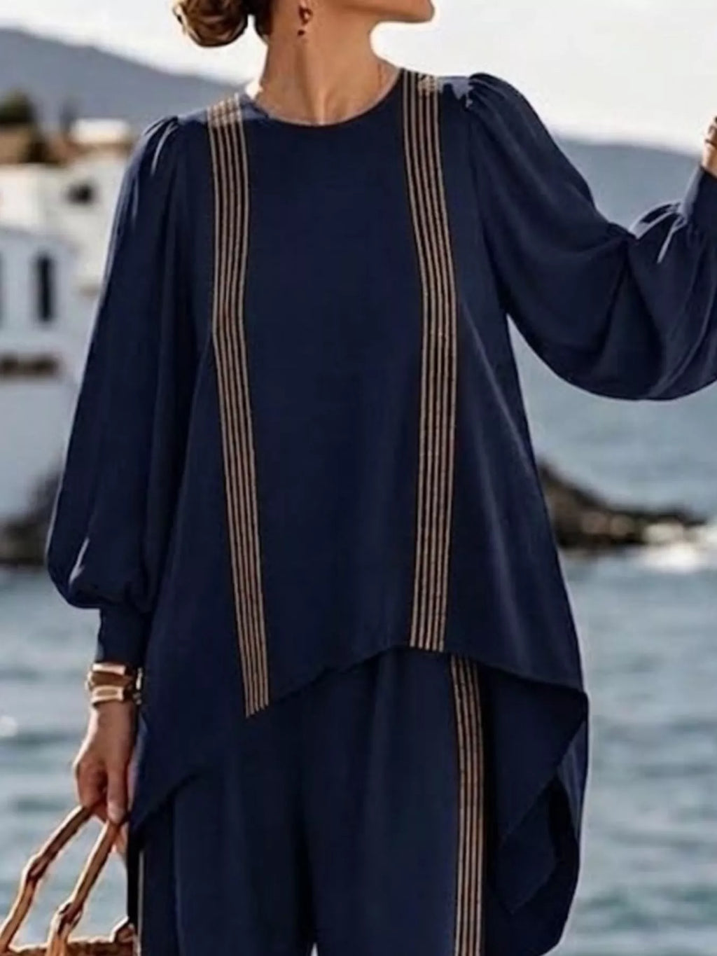 Full Size Striped Round Neck Top and Pants Set Plus Size