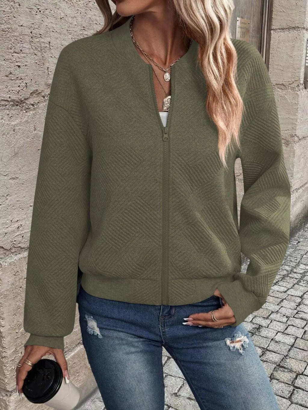 Texture Zip-Up Bomber Jacket
