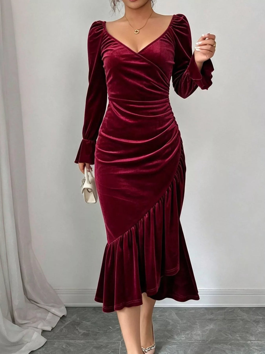 Velvet Ruched Ruffle Hem Midi Dress