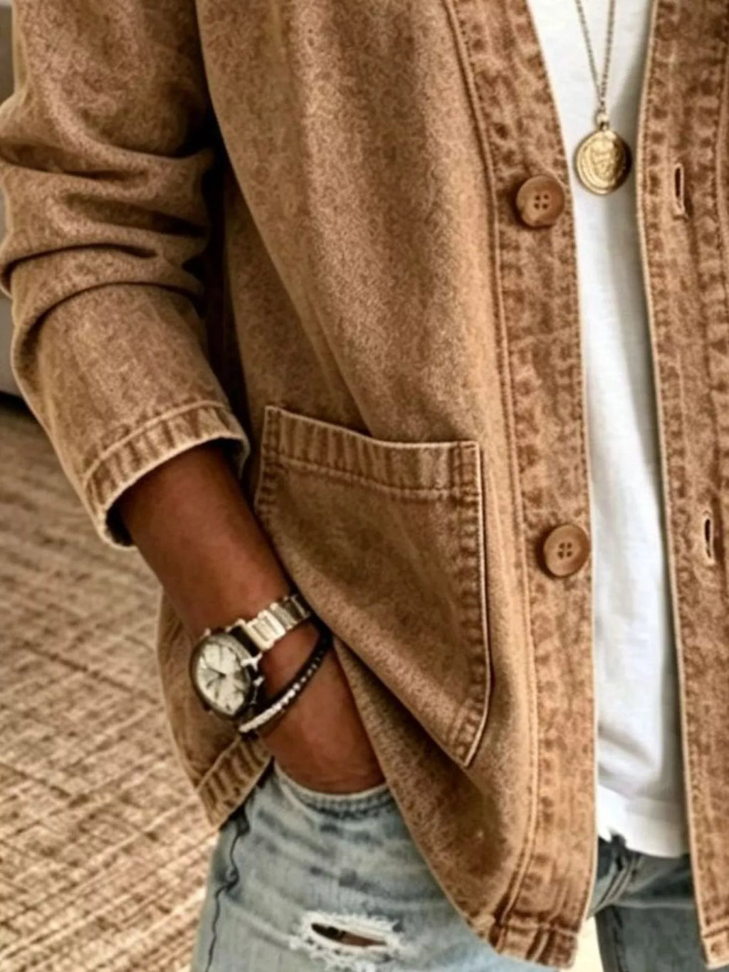 V-Neck Button-Down Denim Jacket