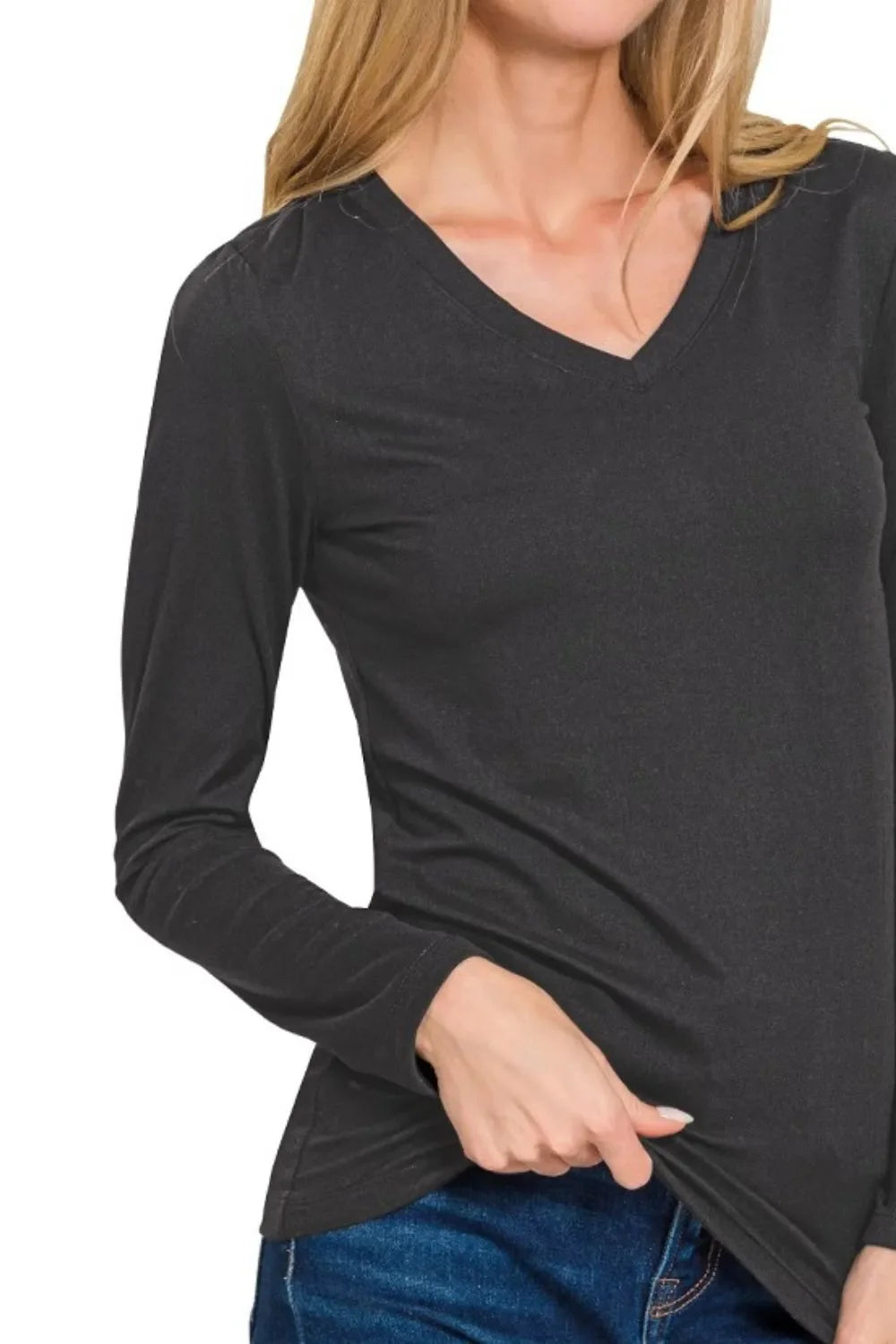 Zenana Brushed Microfiber Long Sleeve V-neck Tee