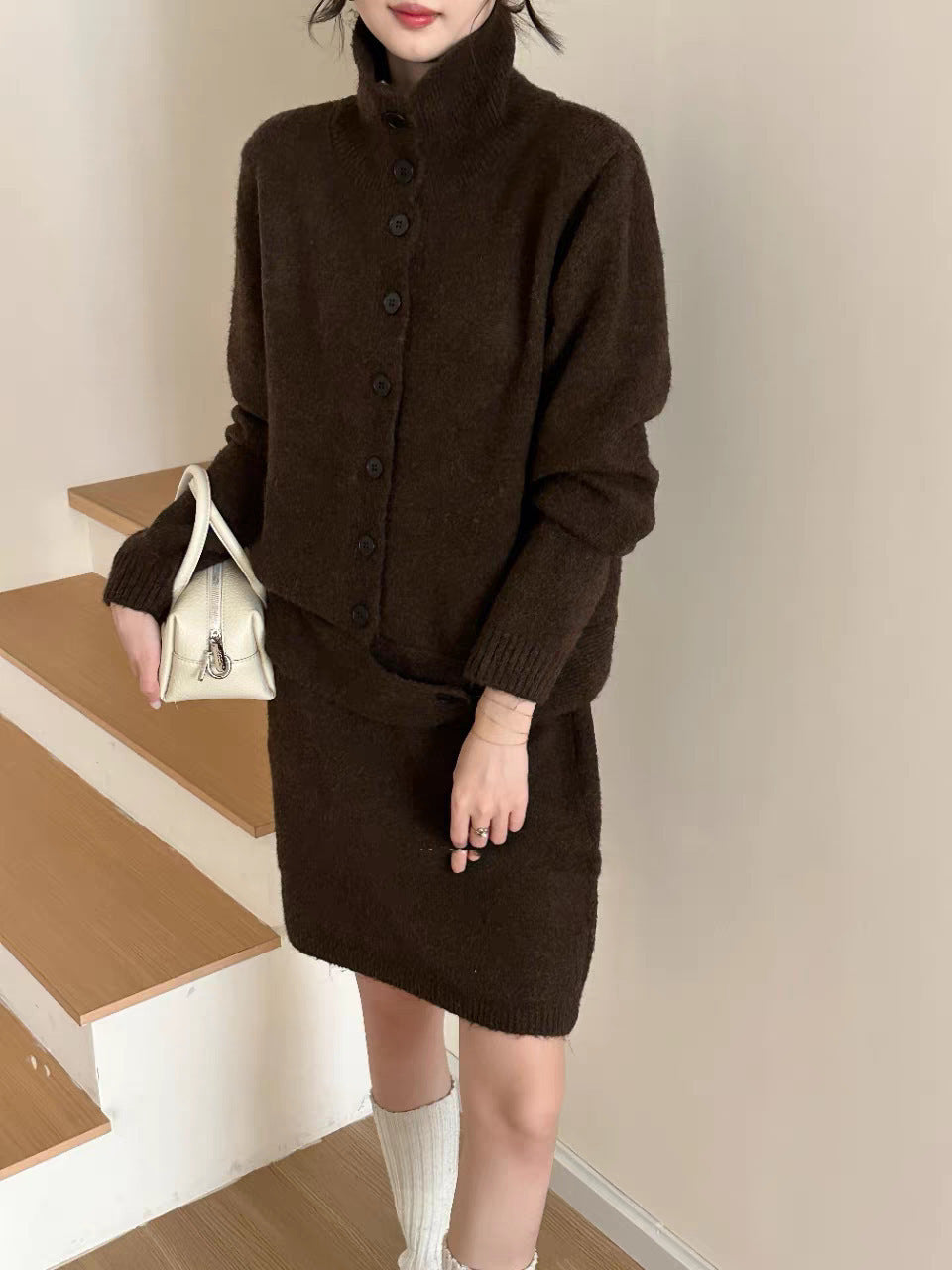 Women 2026 Fall Winter New Arrival, Vintage Button Stand Collar Cardigan Sweater, Loose Casual Knit Midi Skirt 2-Piece Outfit Set