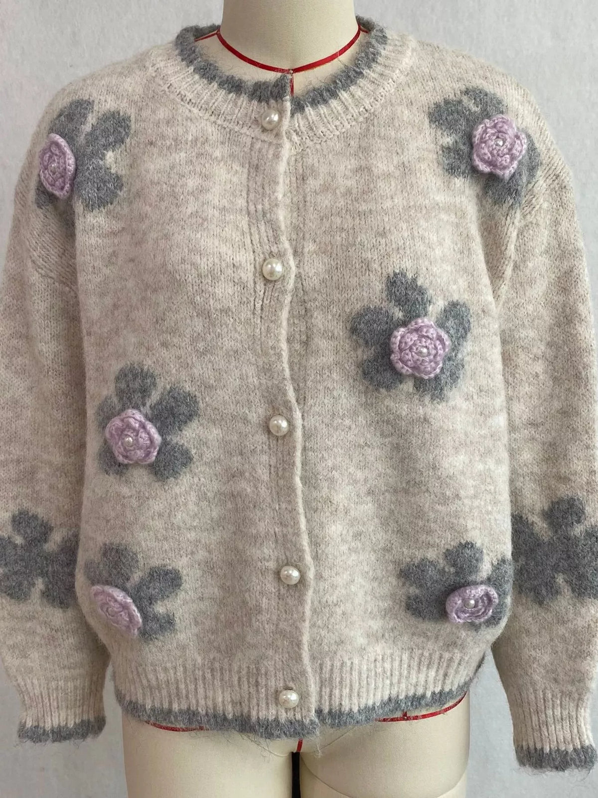 Floral Applique Button-Down Knit Cardigan