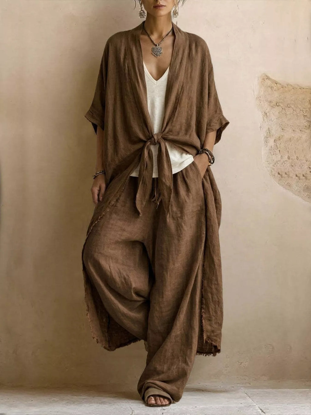 Full Size Tie-Front Cardigan and Wide-Leg Pants Set Plus Size