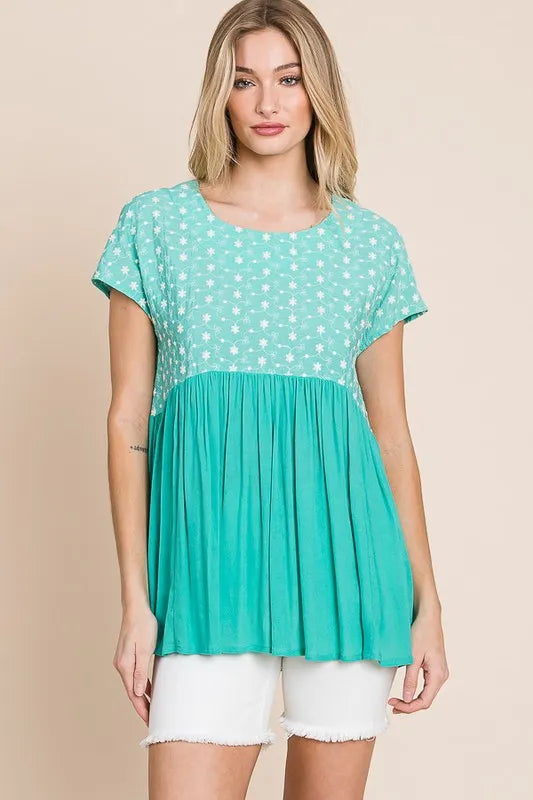 Embroidered Short Sleeve Pleated Babydoll Top