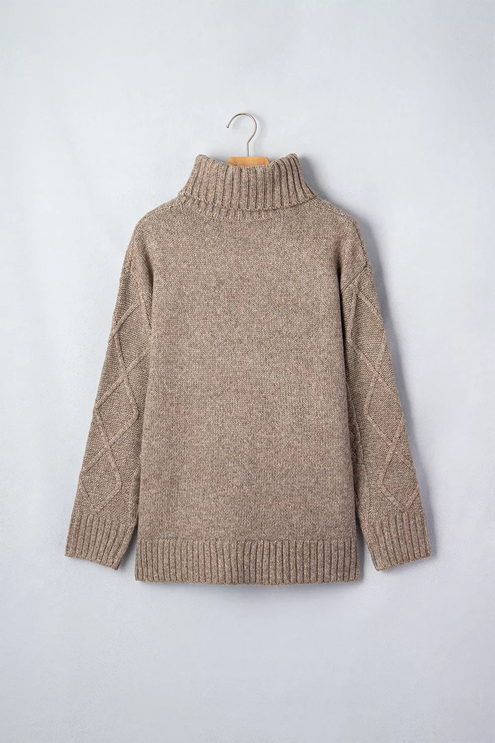 High Neck Drop Shoulder Cable Knit Regular Length Sweater