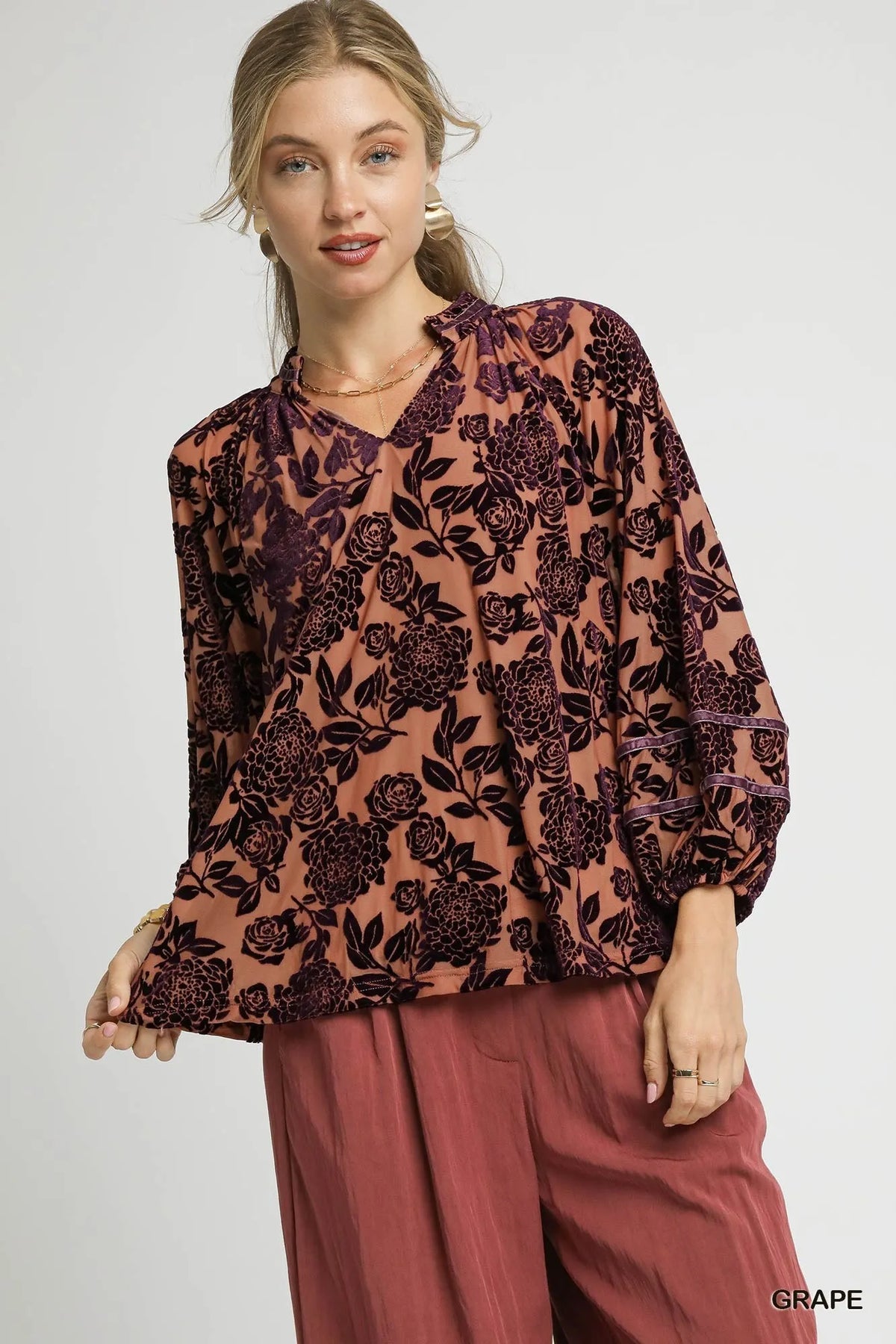 Umgee Floral Velvet Blouse with Balloon Sleeves