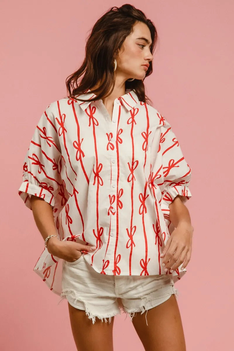BiBi Bow Ribbon Woven Printed Button Down Shirt