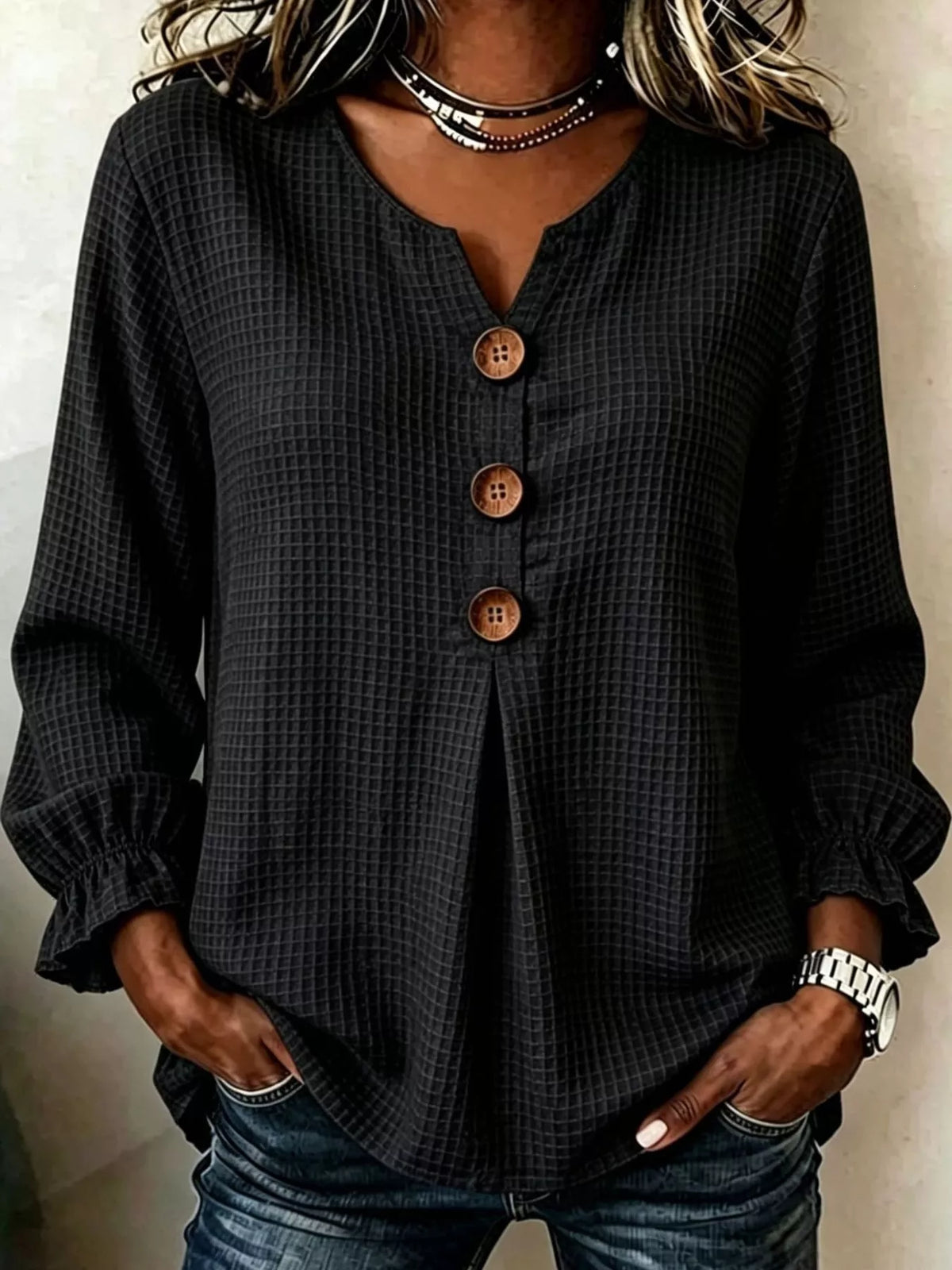 Full Size Waffle Knit Flounce Sleeve Blouse Plus Size