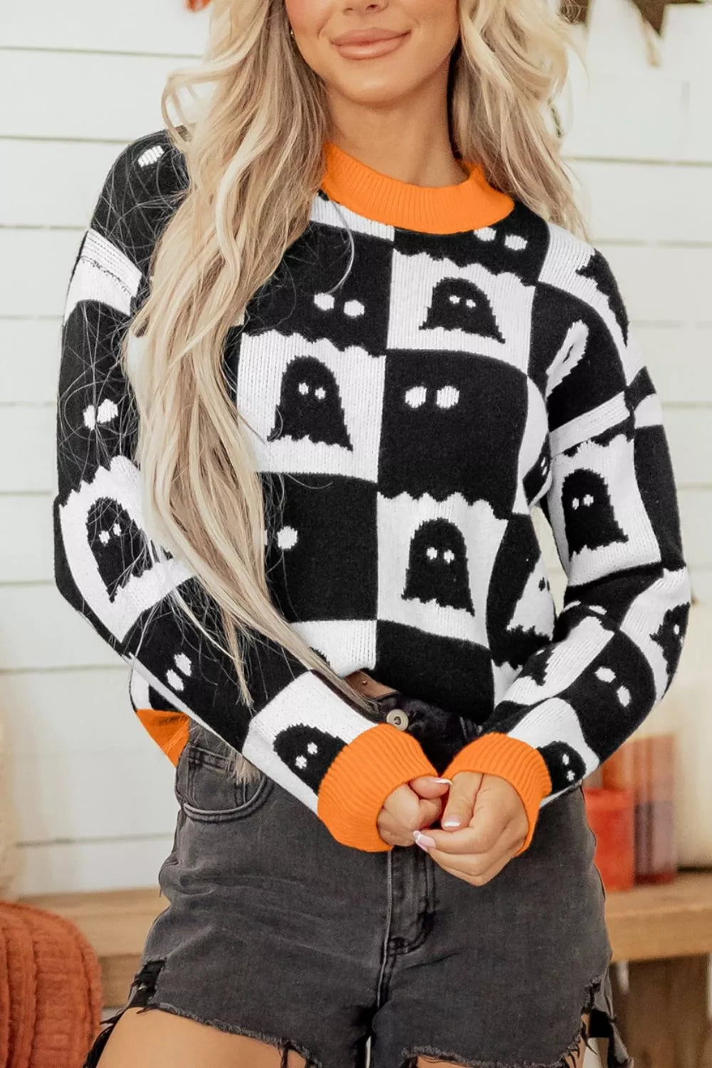 Halloween Ghost Pattern Checkerboard Sweater