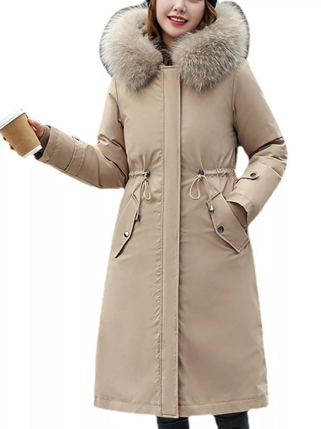 Detachable Longline Hooded Parka with Faux Fur Trim and Drawstring Waist