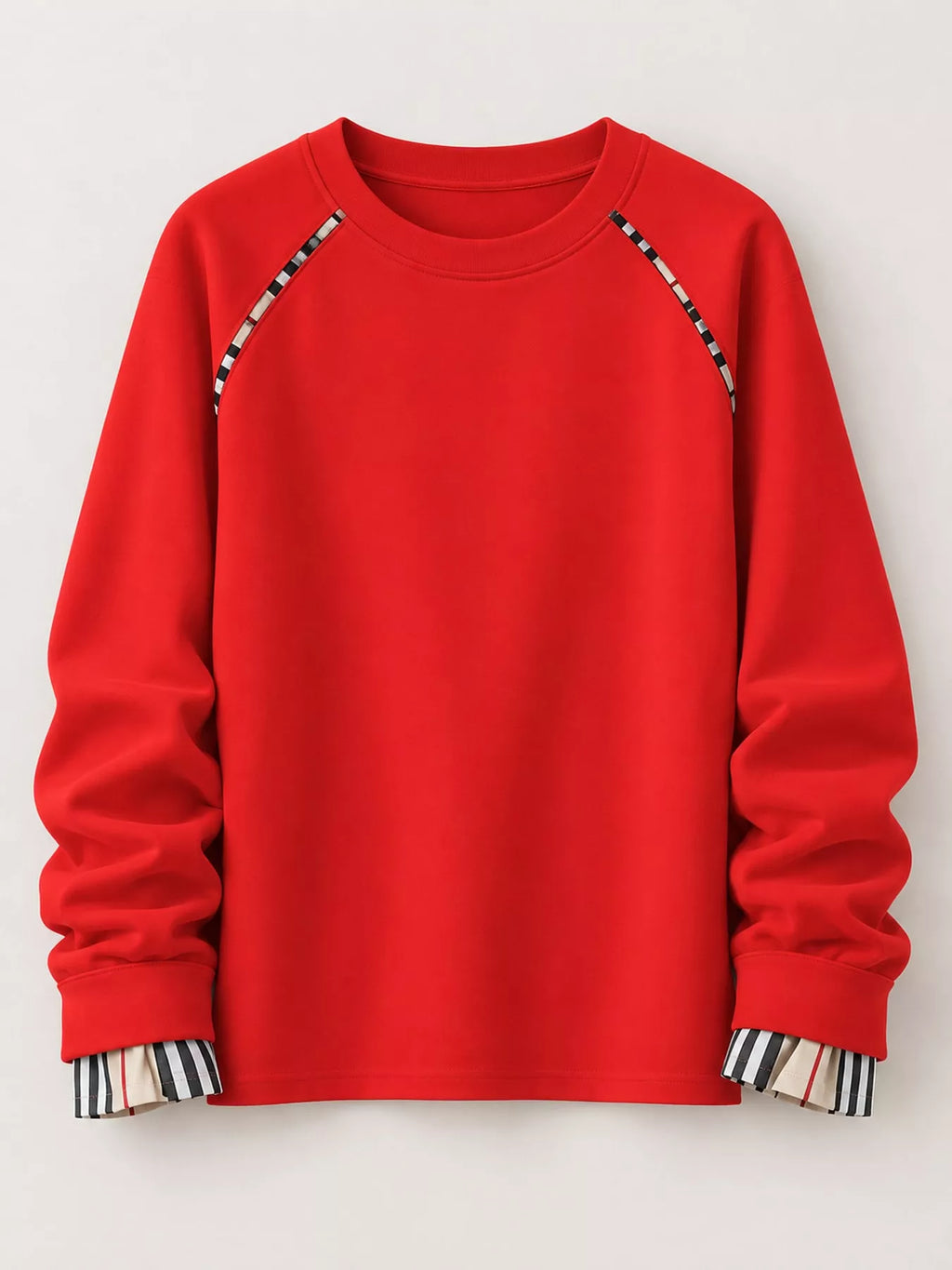 Plaid-Trimmed Crew Neck Sweatshirt
