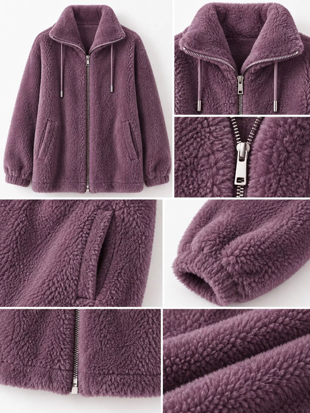 Full Size Drawstring Faux Fur Stand-Collar Zip-Up Outerwear Plus Size