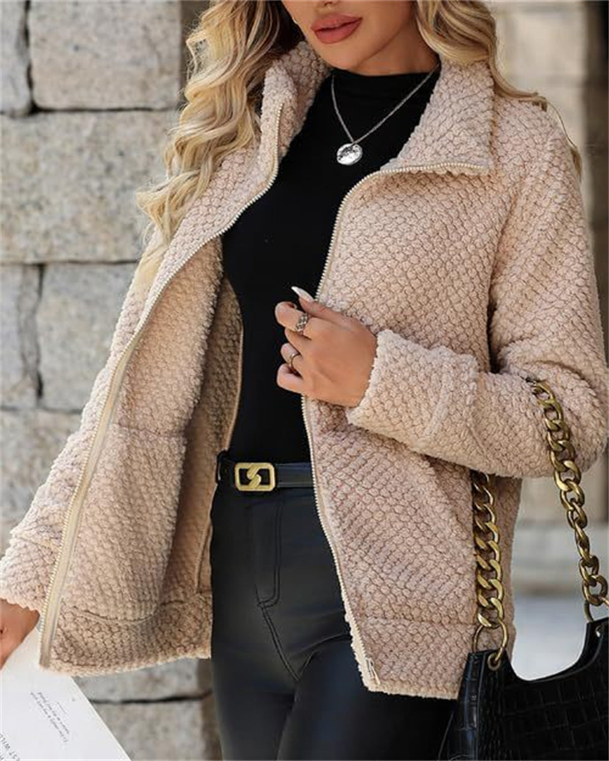 Women's Padded Fleece-Lined Zip-Up Jacket With Pocket And Lapel