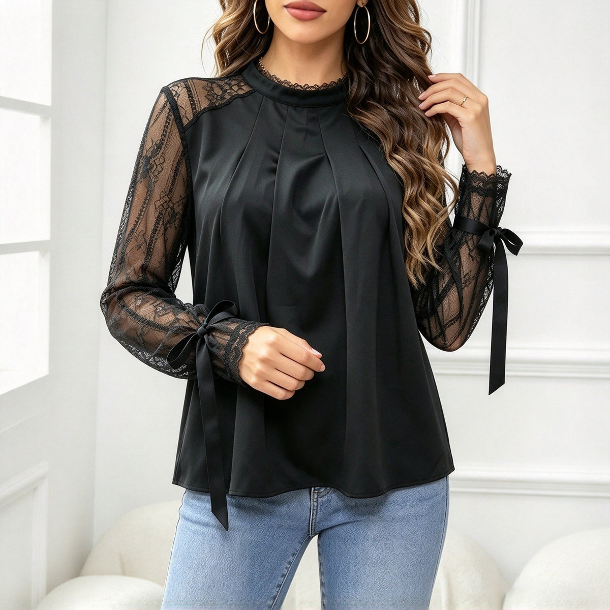Women High Neck Pleated Blouse Lace Long Sleeve Bow Cuff Woven Top