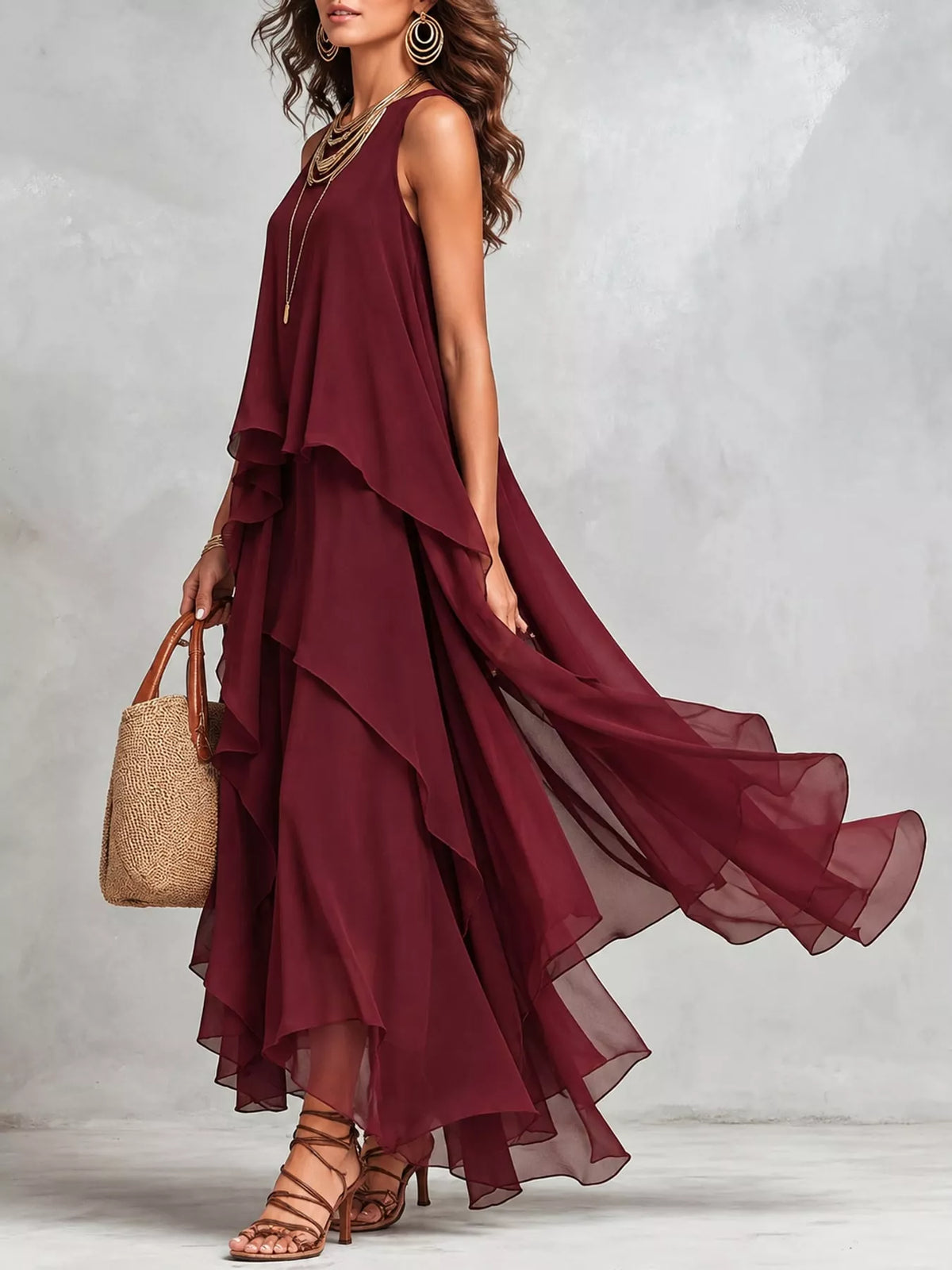 Ruffled Round Neck Sleeveless Maxi Dress