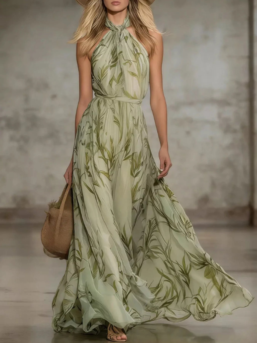 Leaf Print Sleeveless Chiffon Maxi Dress