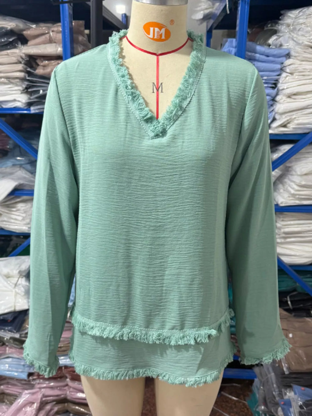 Full Size Frayed Hem V-Neck Long Sleeve Blouse Plus Size