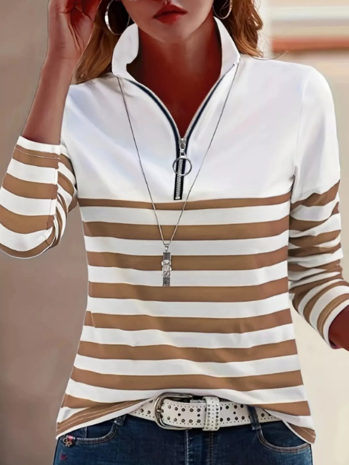 Quarter-Zip Striped Long Sleeve T-Shirt