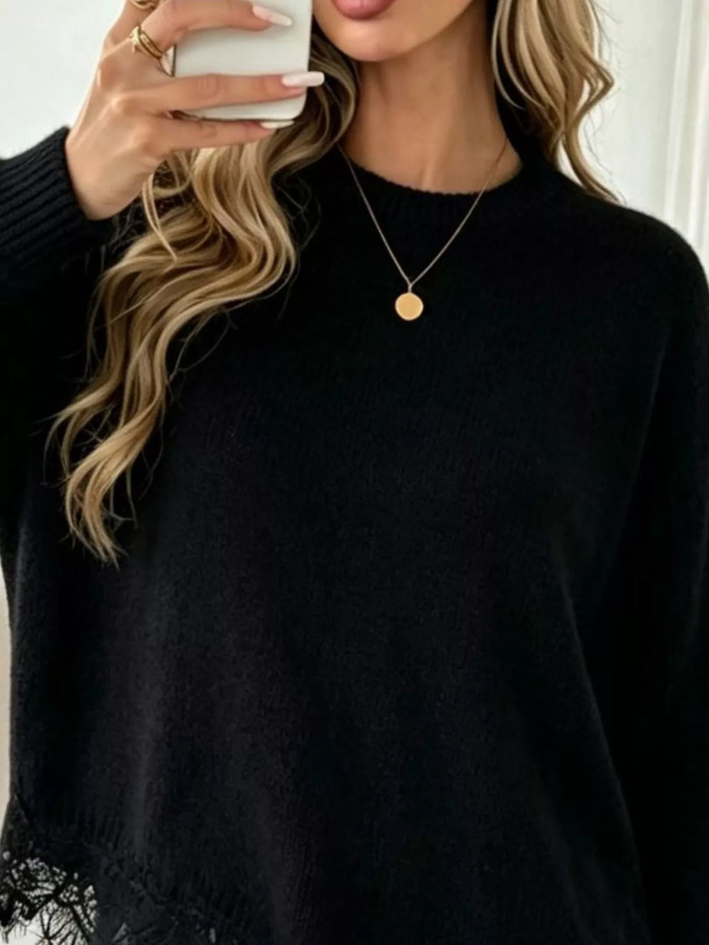 Round Neck Sweater with Asymmetric Lace Hem