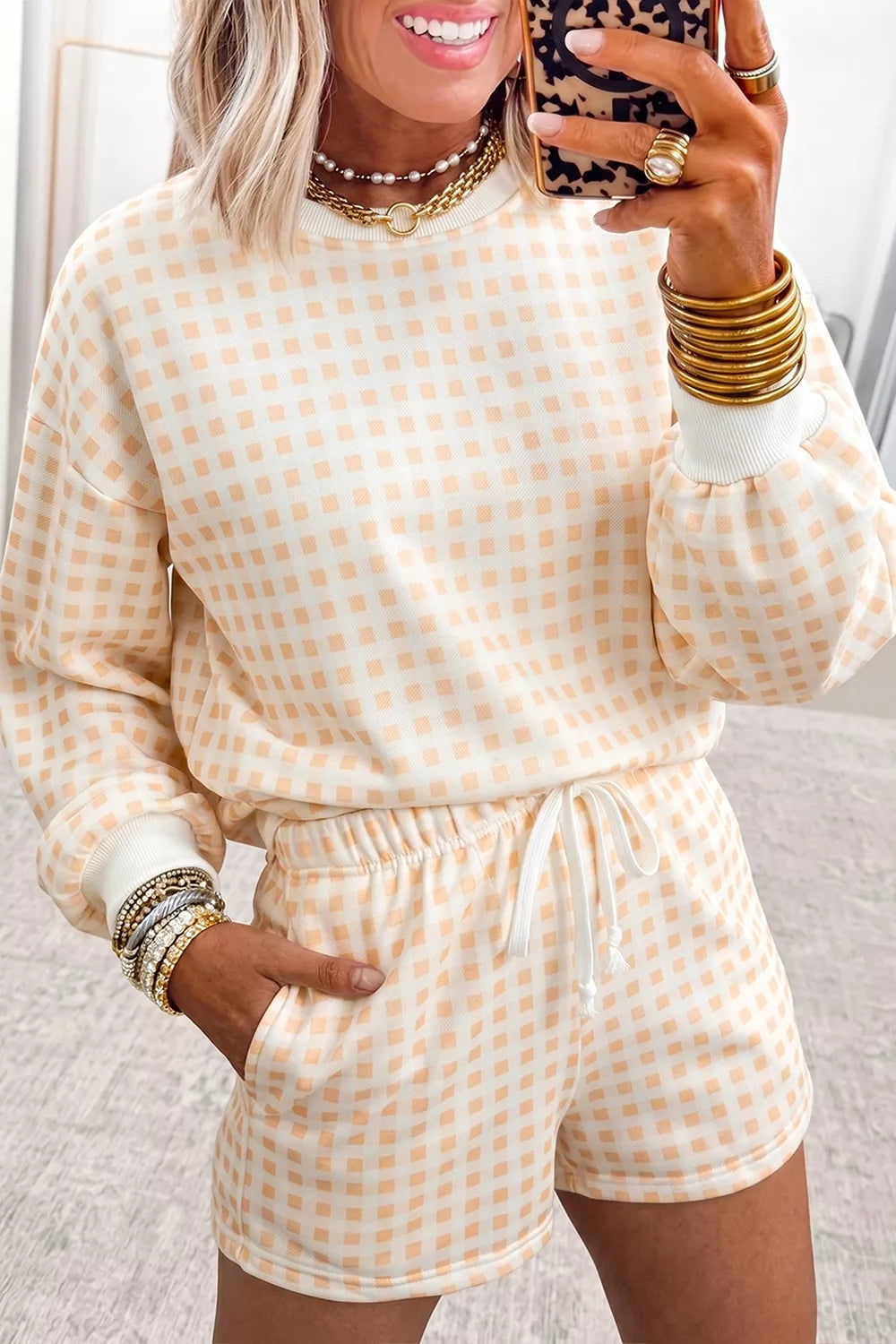 Gingham Long Sleeve Sweatshirt and Shorts Set