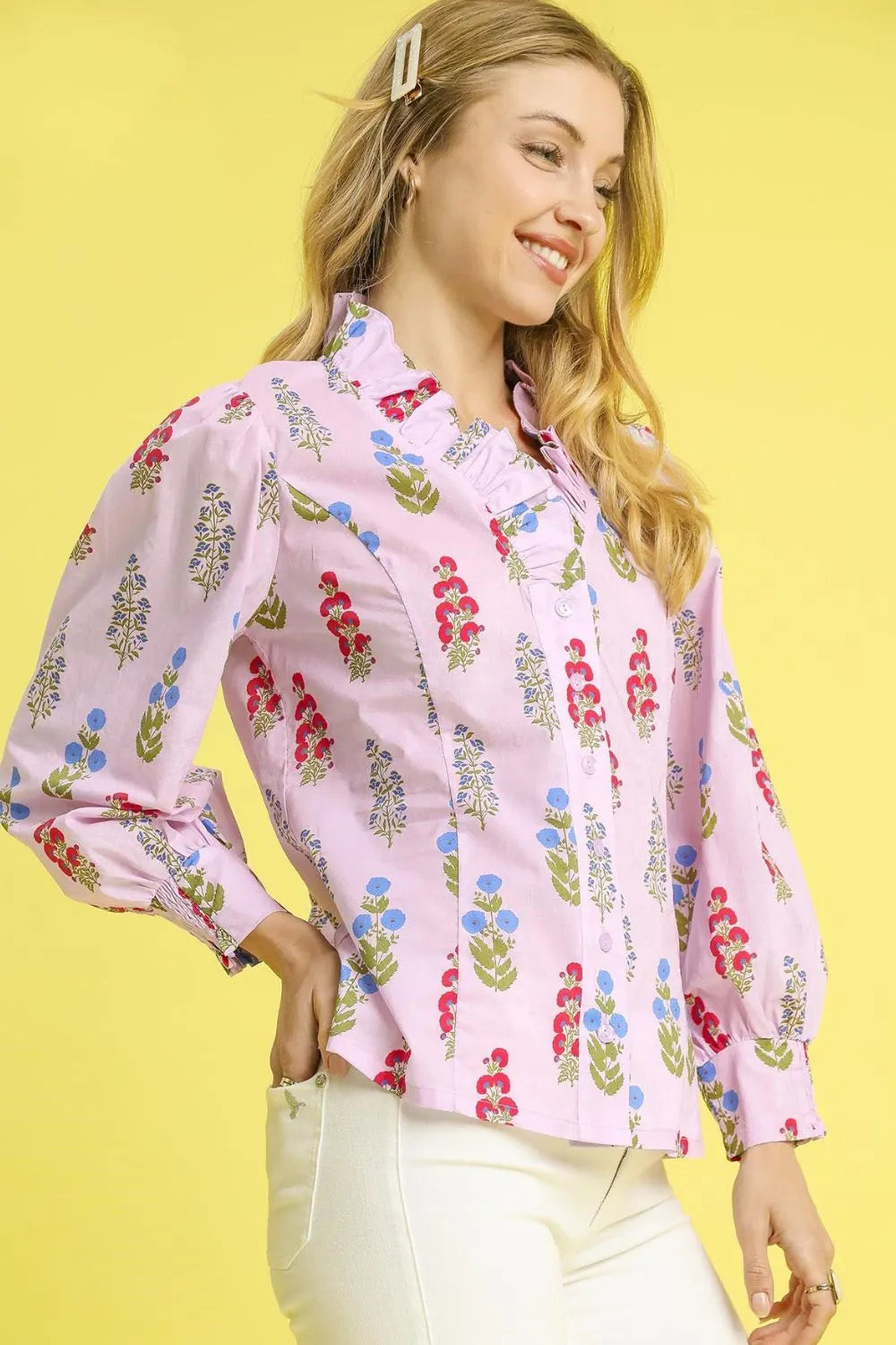Umgee Floral Print Lantern Sleeve Button Down Shirt
