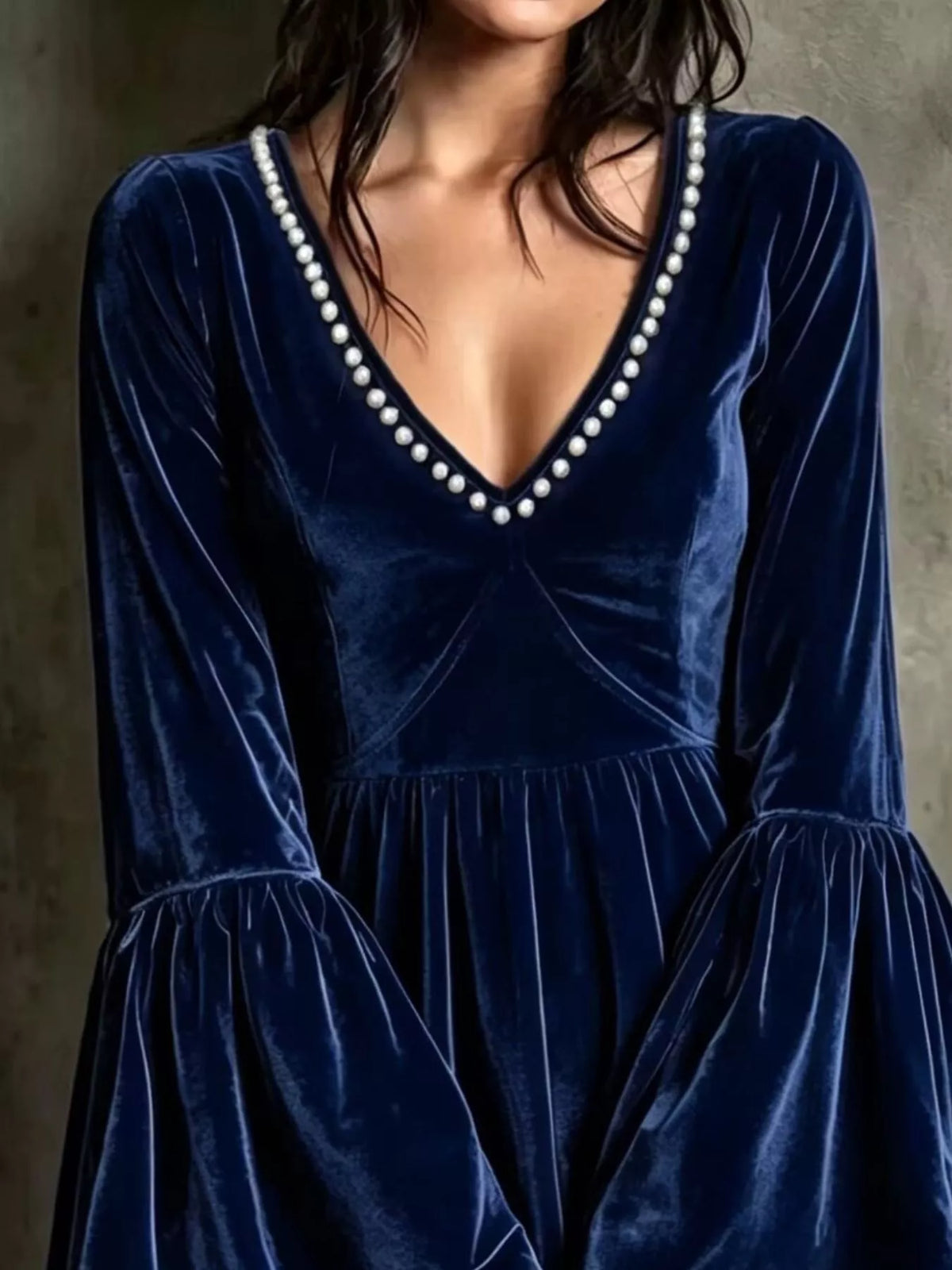 Full Size Velvet Bell-Sleeve Mini Dress with Pearl Embellished V-Neck Plus Size