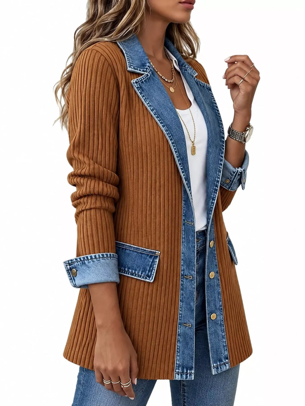 Full Size Denim Trim Ribbed Knit Cardigan Plus Size