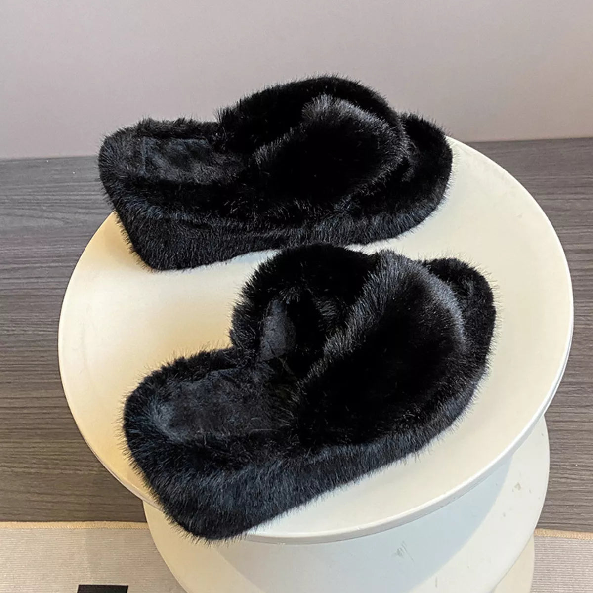 Fluffy Wedge Slippers