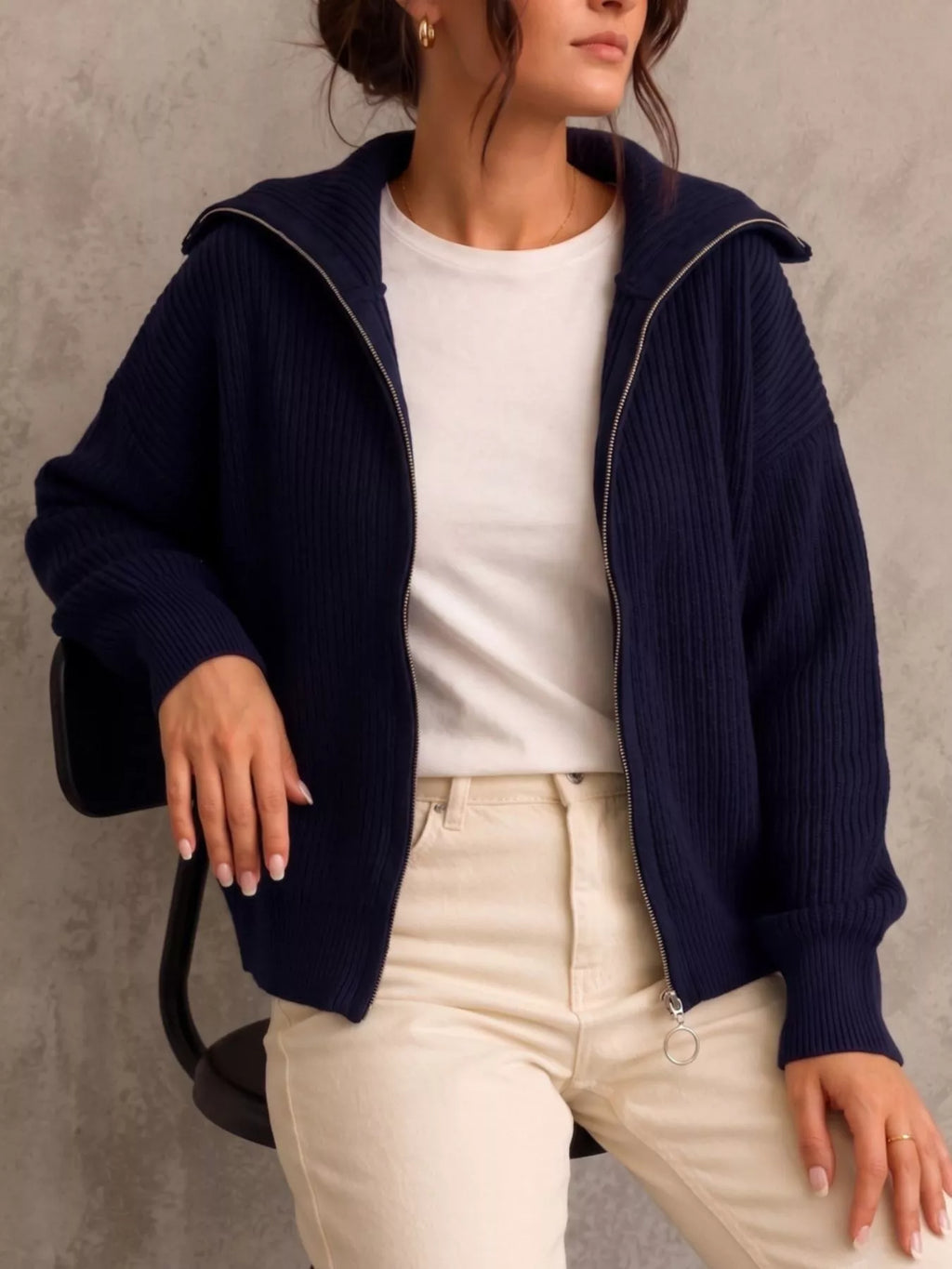 Zip Up Dropped Shoulder Cardigan