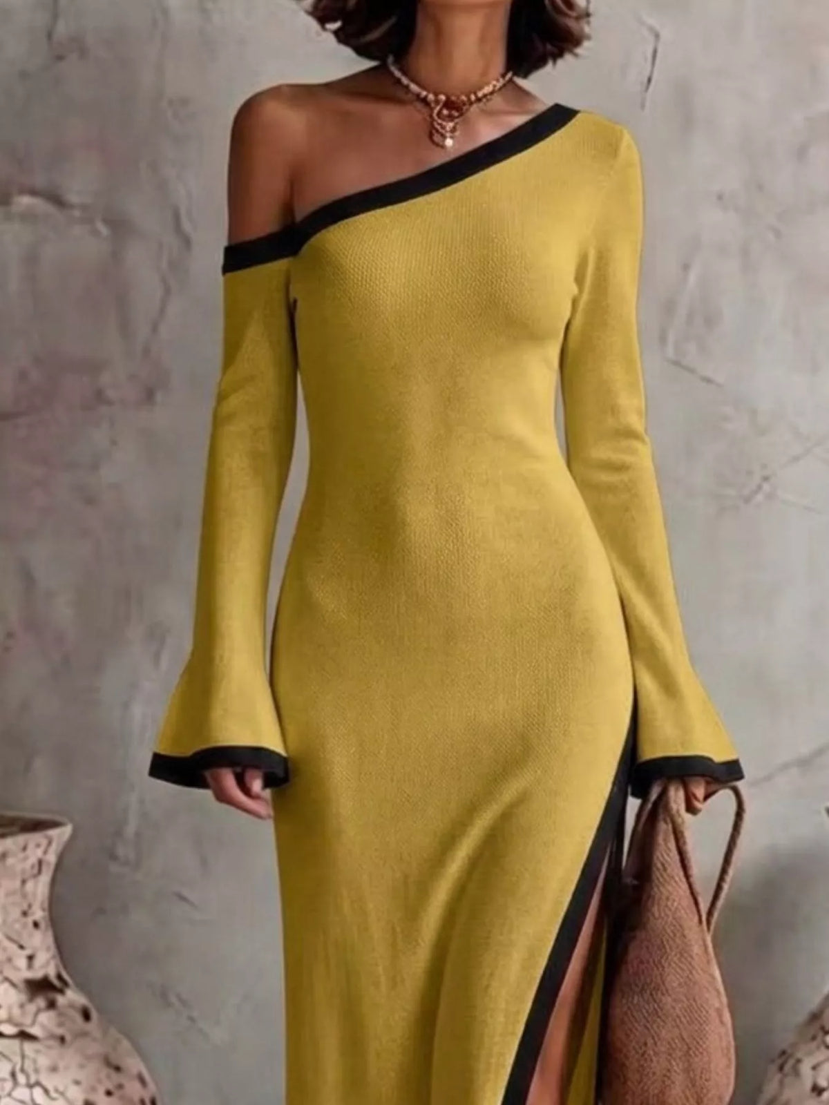 Slit One-Shoulder Contrast Trim Maxi Dress
