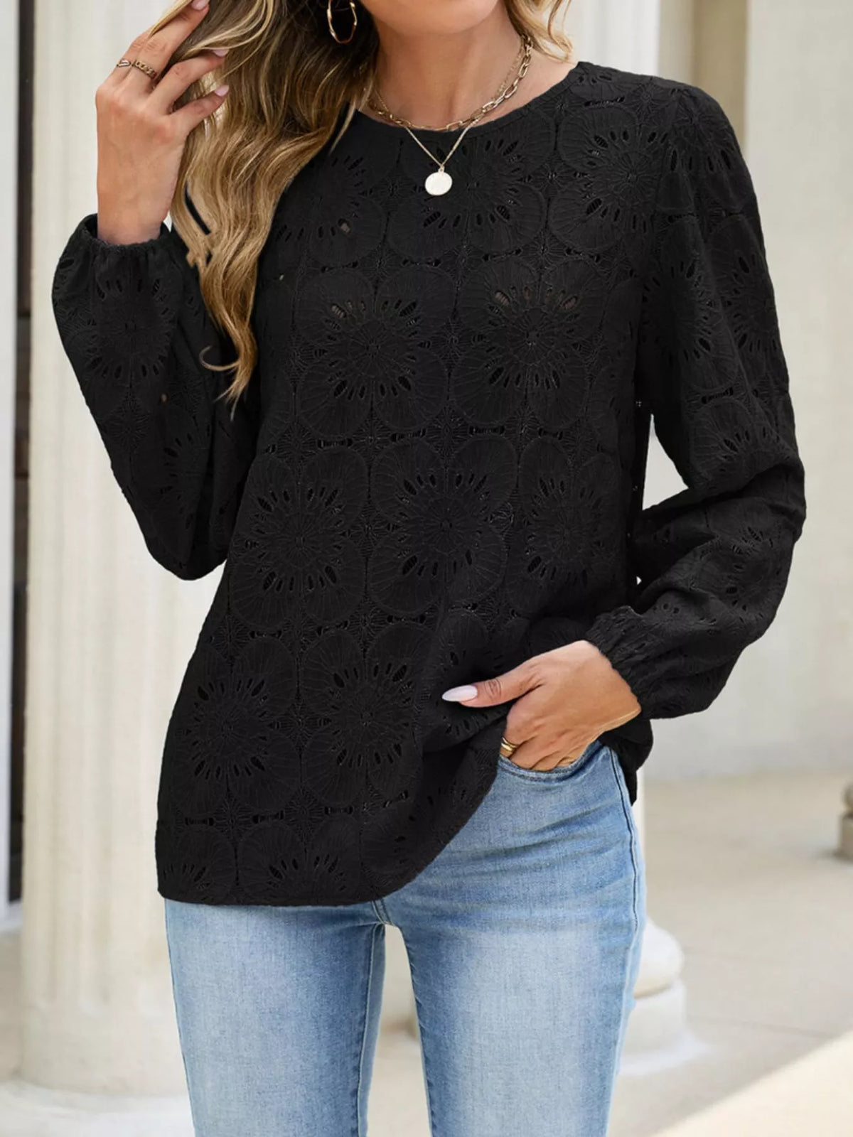 Floral Eyelet Lace Long Sleeve Blouse