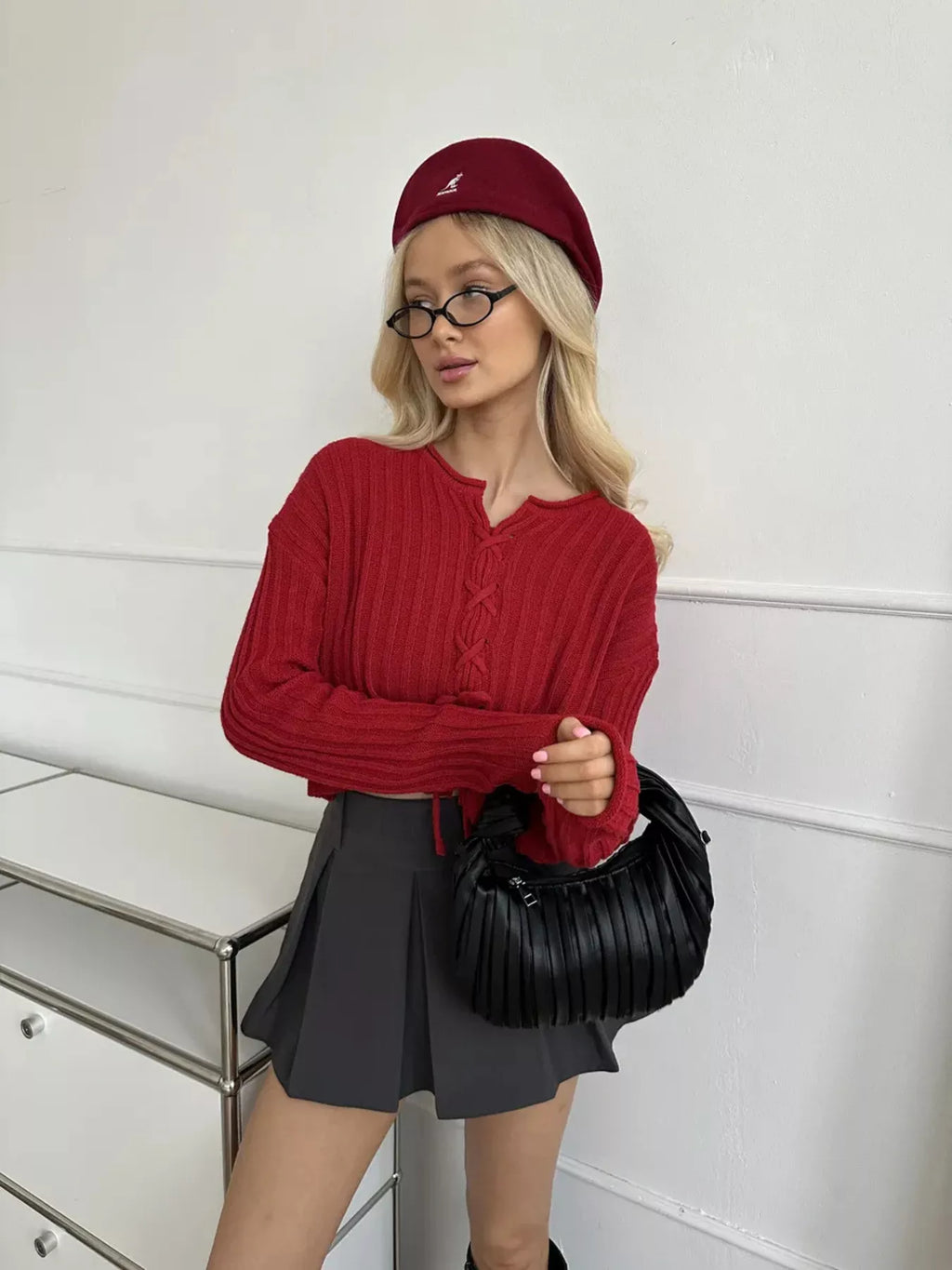 Ribbed Lace-Up Crop Sweater