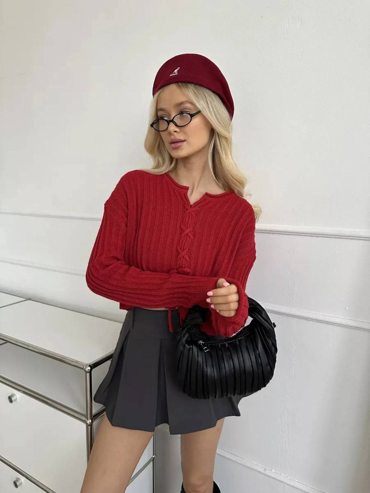 Ribbed Lace-Up Crop Sweater
