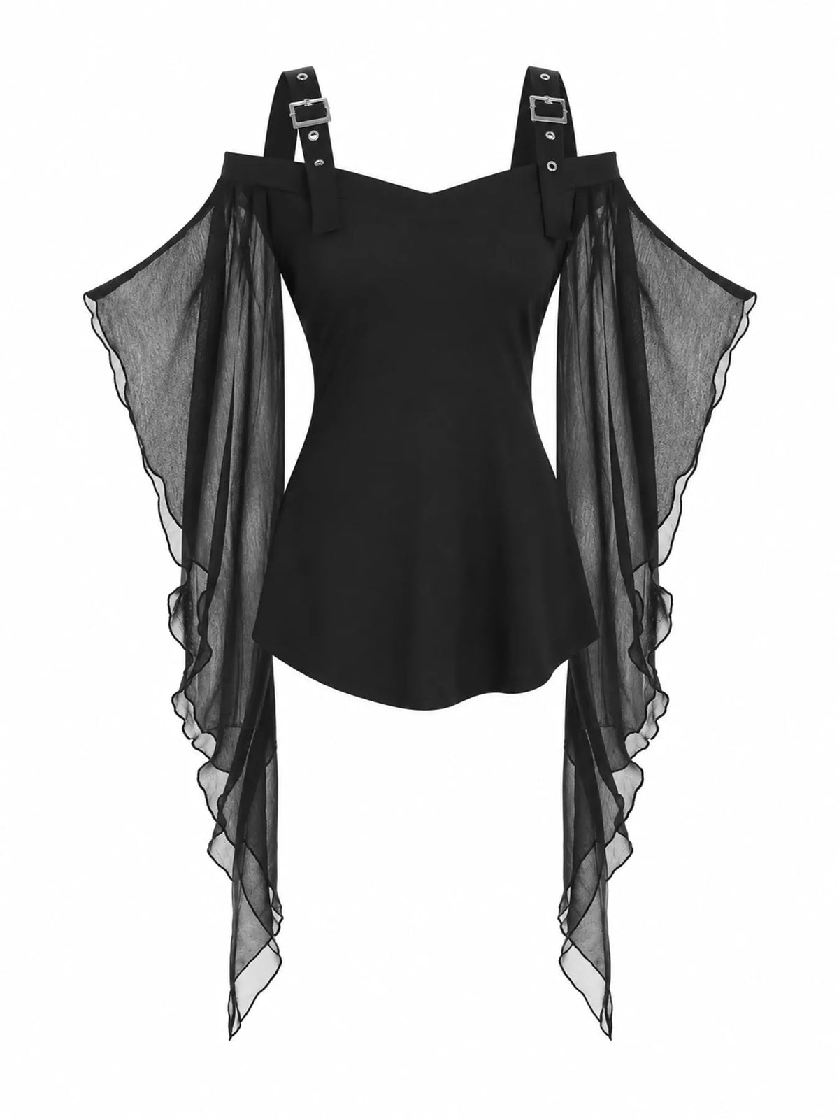 Halloween Gothic Buckle Strap Mesh Sleeve Top