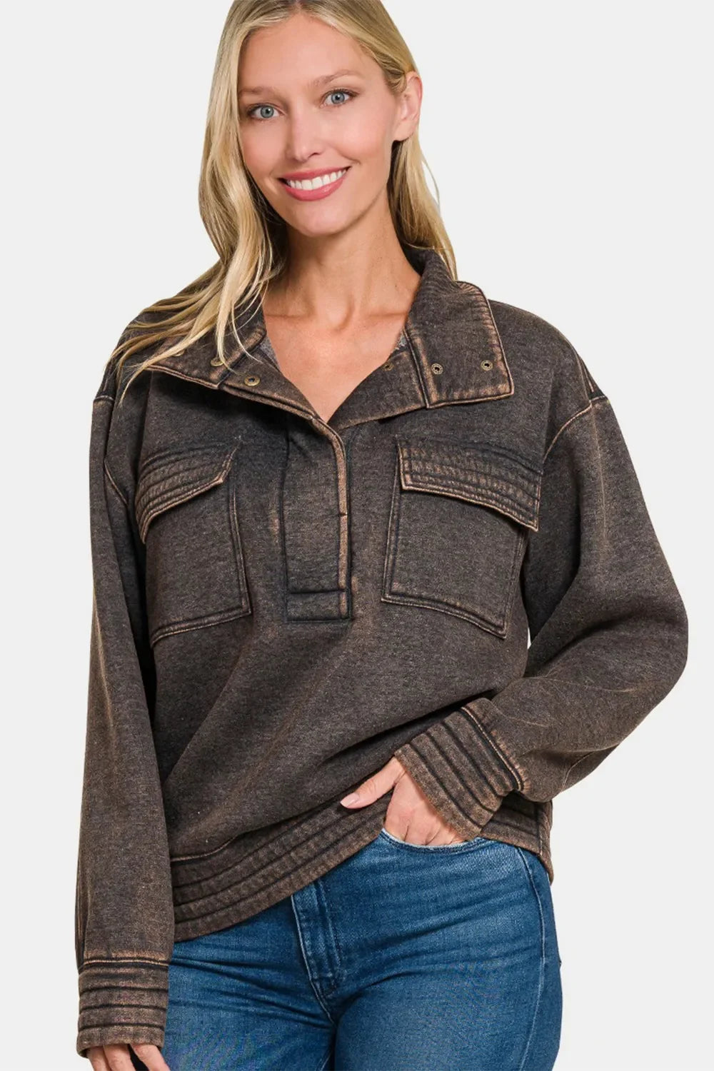 Acid Washed Half-Snap Fleece Sweatshirt with Pockets