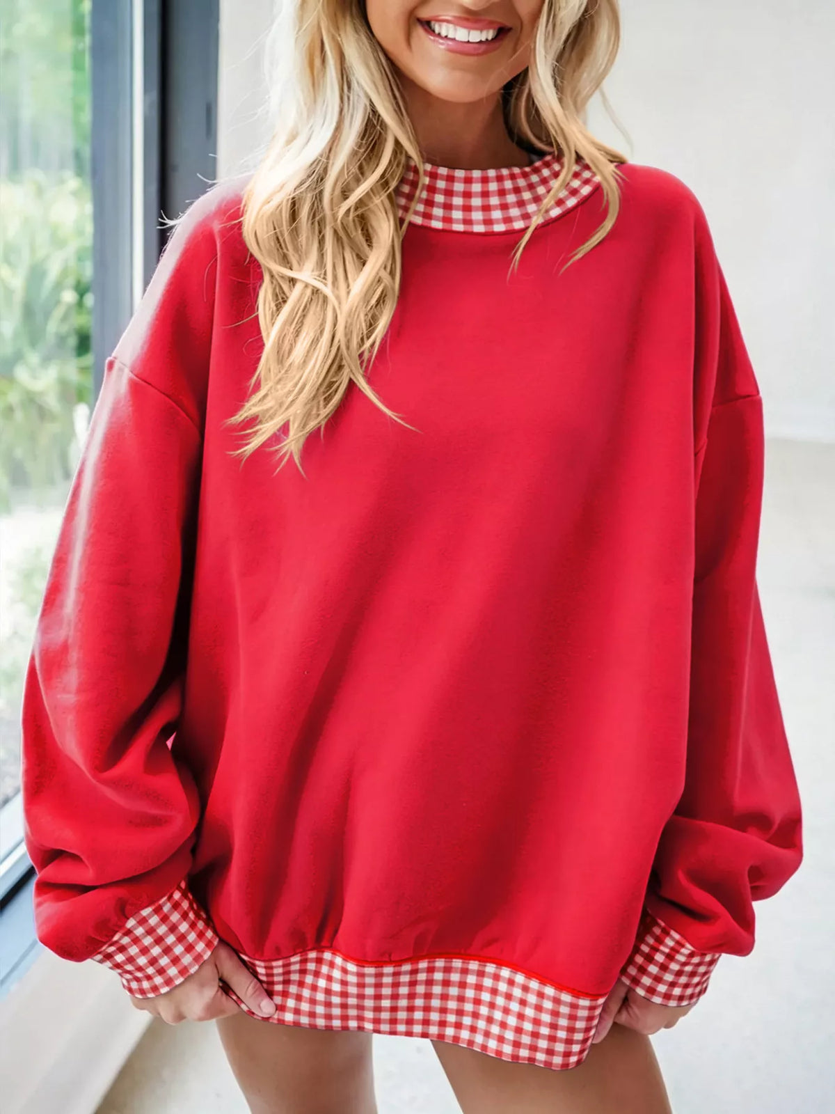 Gingham Trim Dropped Shoulder Sweatshirt